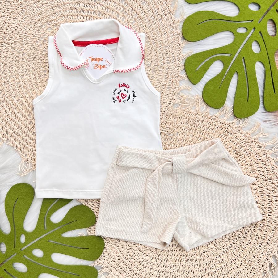 Conj. Regata Lovely com Gola e Short em Linho - Off White